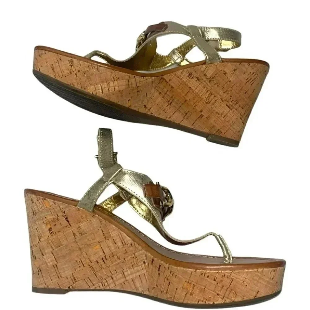 Tommy Hilfiger Wedge Sandals 8M Gold Cork Platform Thong‎ Slingback Buckle